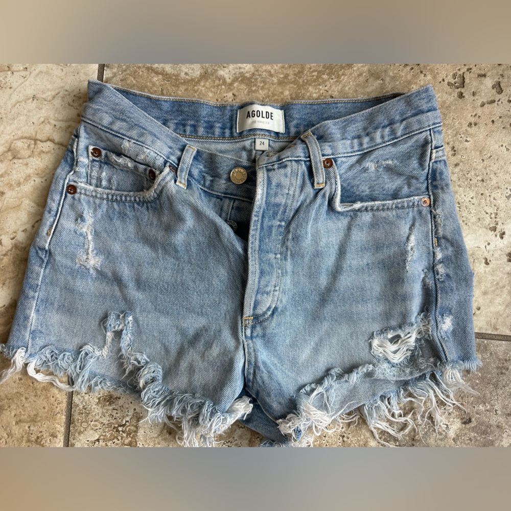 Agolde Light Blue Distressed Denim Shorts